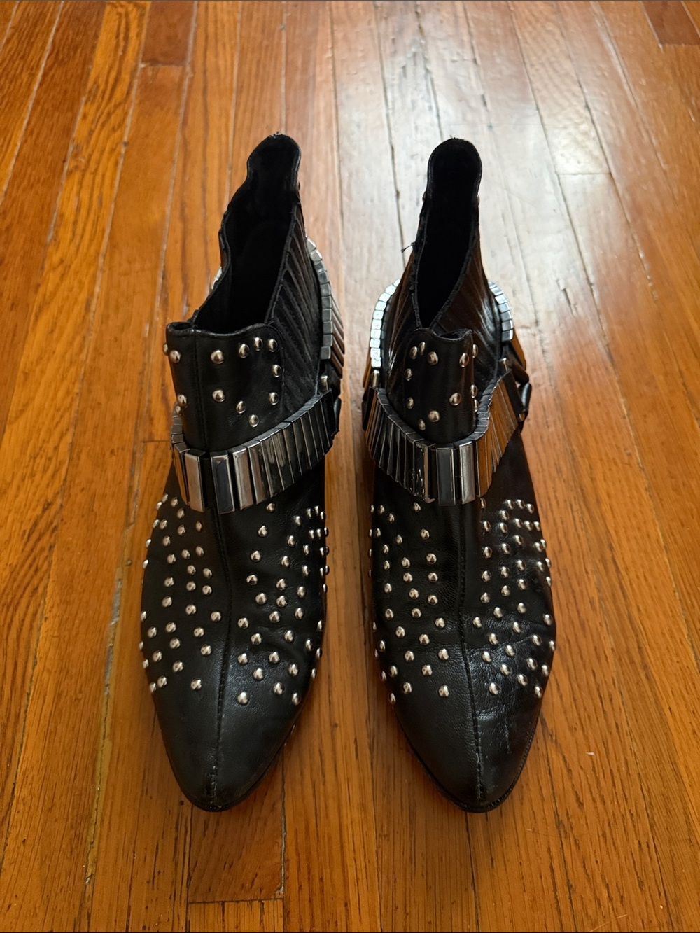 Gorgeous Schultz leather Studded Black Women's Ankle Boots with Silver Accents